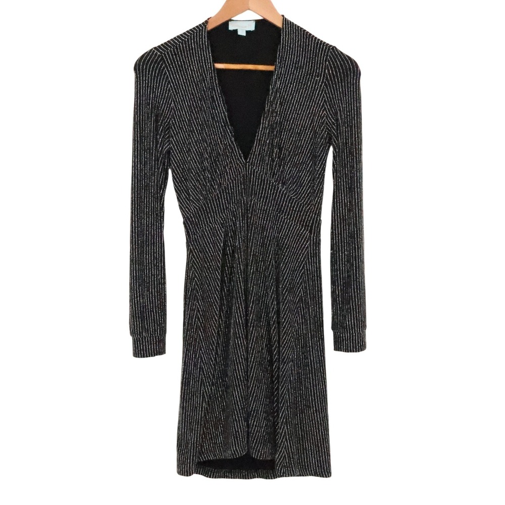 Veronica M Metallic Pinstripe Mini Dress Womens Size S Babydoll LBD Black Silver